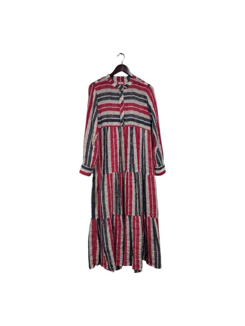 Warm Tiered Long-Sleeved Striped Maxi Dress Red White Blue Linen Blend Boho Sz S